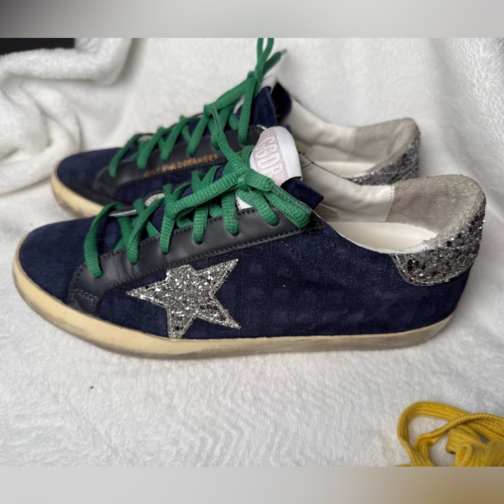 Authentic Golden Goose Superstar Navy Blue Glittery Silver Star Size 9 EU 39